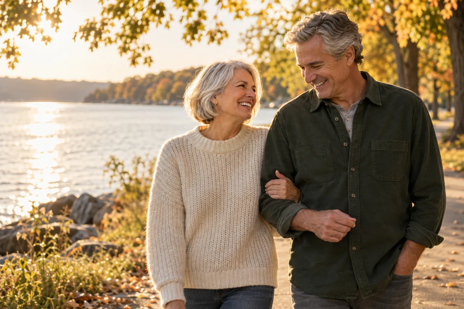 Illustrative older couple enjoying time together by a lake.